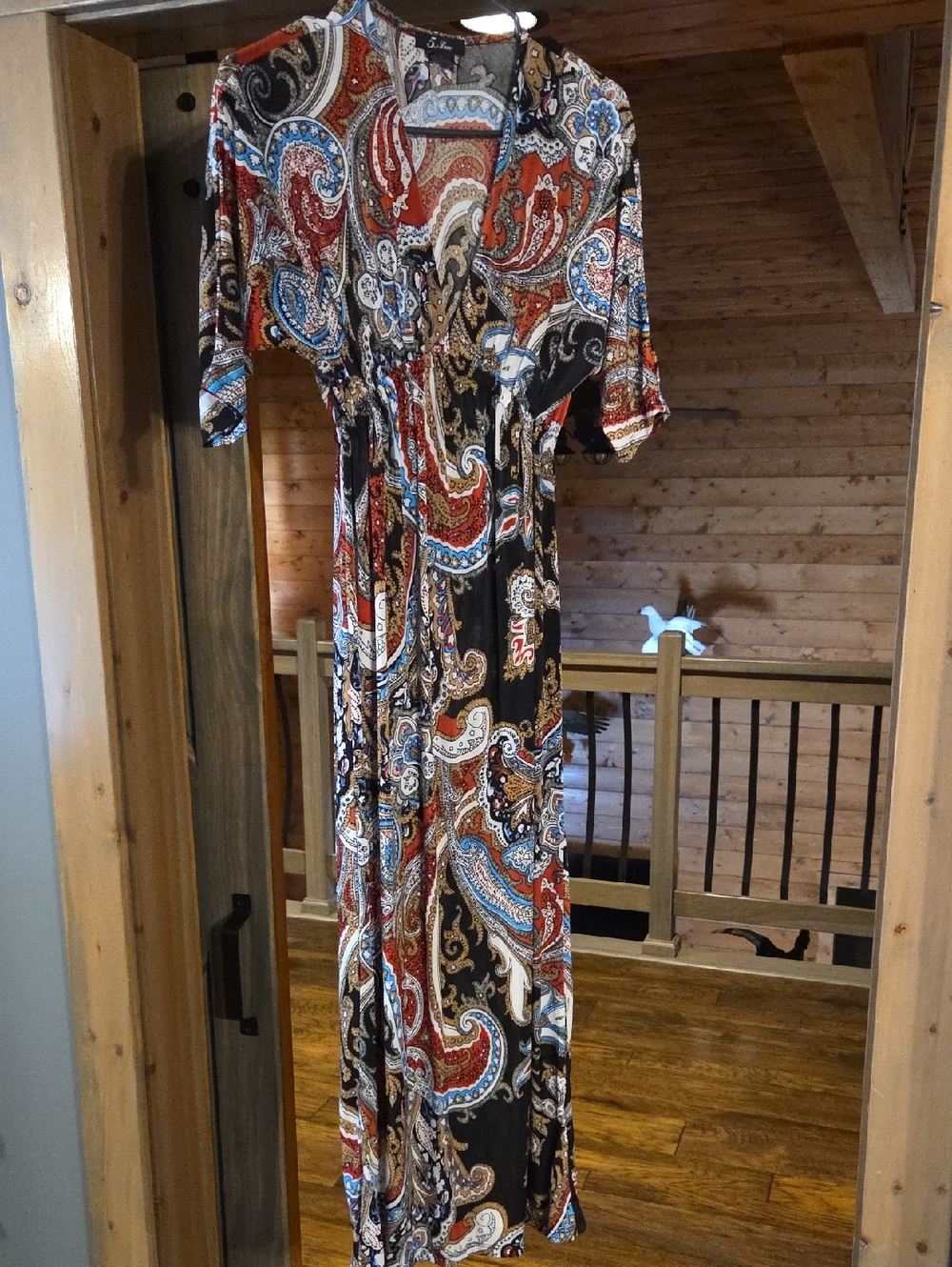 Paisley Print Maxi Dress with Red and Blue Accents